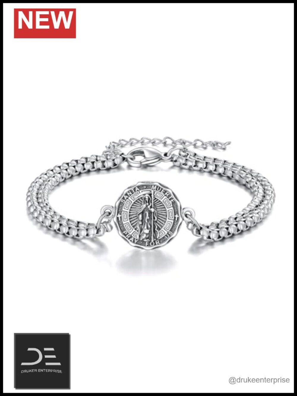 Sterling Silver Santa Muerte Link Bracelet Religious Protector Jewelry Gift